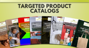 Text reads targeted product catalogs. Then there is pictured 8 different catalogs based on profession and interests.