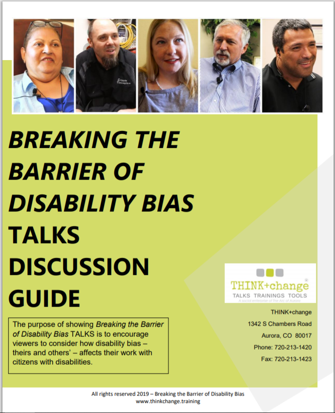 Pictured is 5 people, 3 men and 2 women. Text reads: Breaking the barrier of disability TALKS discussion guide.