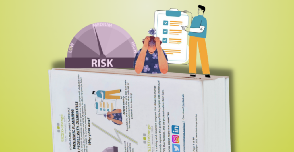 the planning guide on its side with cartoons of a Risk bar a man with his head in his hands and a person explaining a clipboard and paperwork to him. 