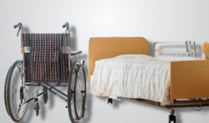 An empty rolling bed and wheelchair.