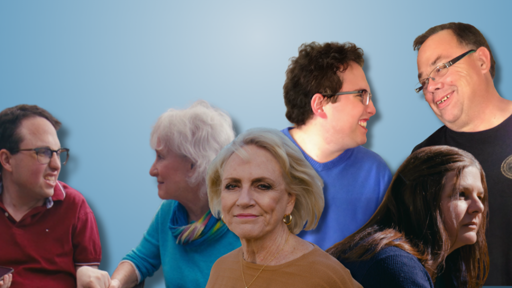 Current image: A blue background featuring people of many ages, both men and women.