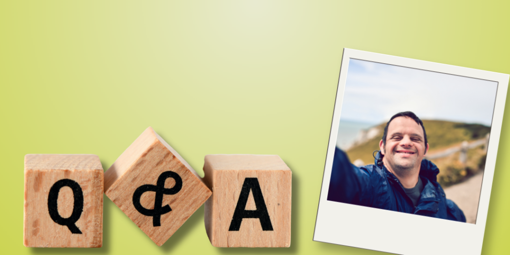 Current image: A green background with Q & A and a picture of a man inside a polaroid frame.
