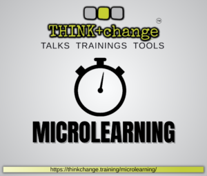 Grey background with a logo that reads THINK+change TALKS, TRAININGS, TOOLS. Small clip art clock. Microlearning.