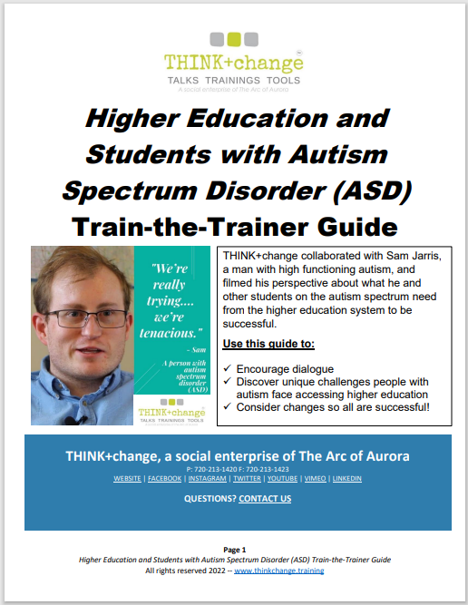 Cover page to Higher Education and students with autism spectrum disorder train-the-trainer guide