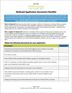 Image of the Medicaid application checklist. Included on the list is a description of what Medicaid is, who it is for, and a list of documents you need to collect