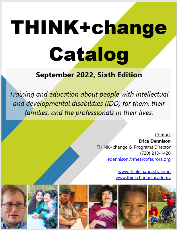 Coverpage of the THINK+change catalog featuring pictures of men, women and children