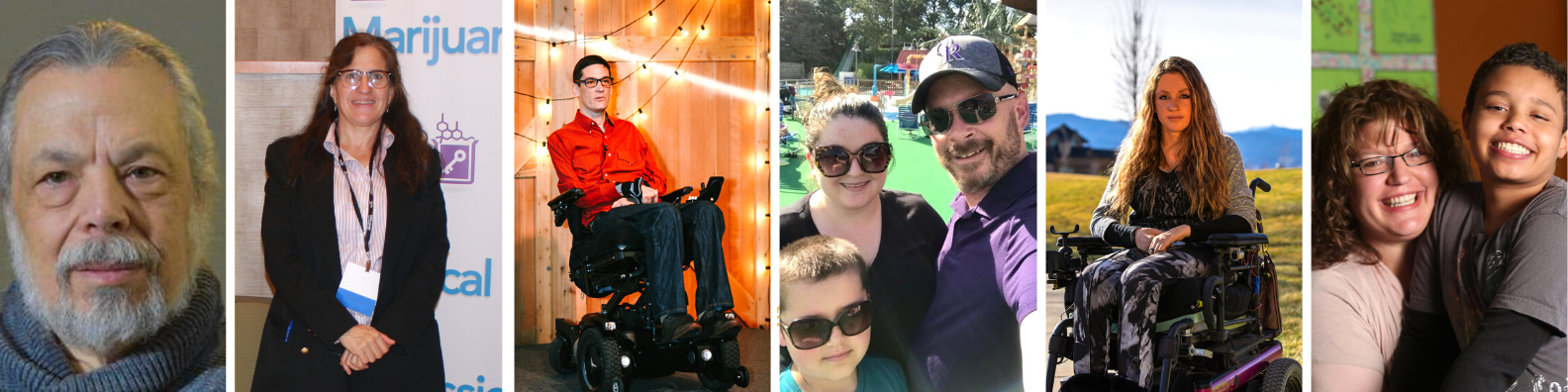 Six pictures side by side. Features one older man, a middle aged women, a man who uses a wheelchair, a mother, father and son, a women who uses a wheelchair, and a mother and son.