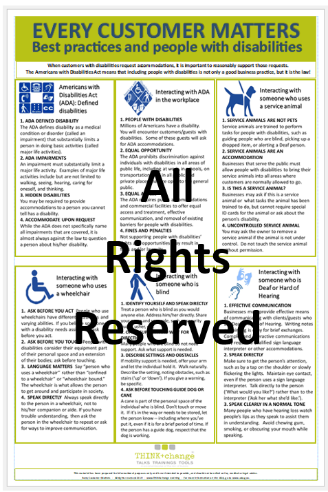 Pictured is an image of the Every Customer Matters poster. Information listed includes ADA, and interacting with someone who uses a service animal, wheelchair, blind, and deaf