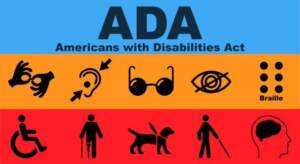 ADA Americans with Disabilities Act with different disability icons such as glasses, a service animal, a ear and an eye